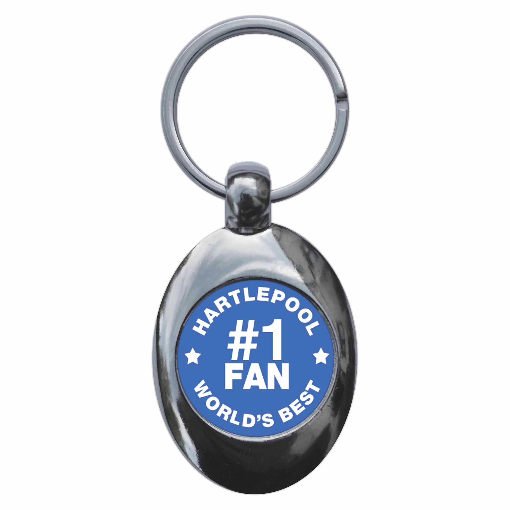 A picture of the front of the product, titled Hartlepool #1 Fan Metal Keyring With Trolley Coin