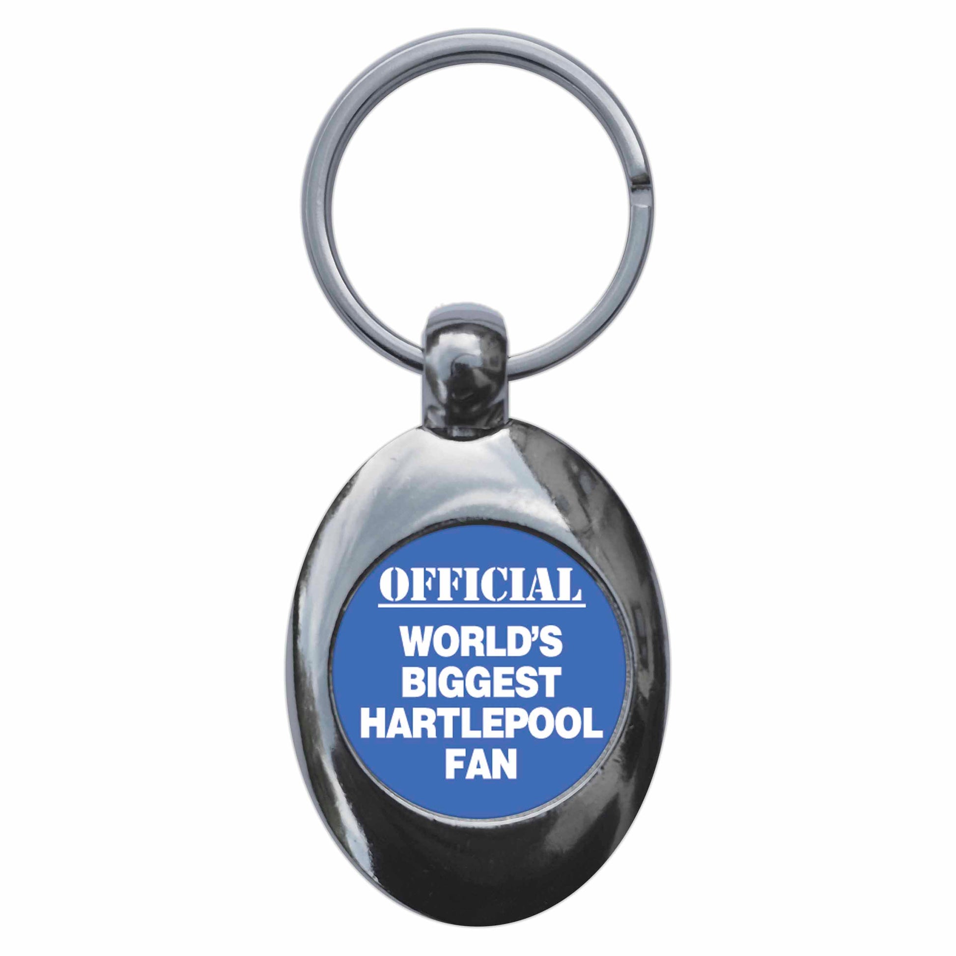 A picture of the front of the product, titled World's Biggest Hartlepool Fan Metal Keyring With Trolley Coin