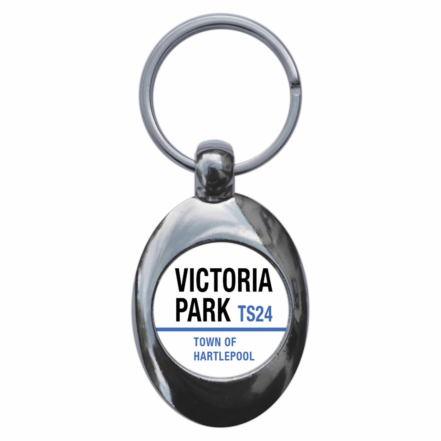 A picture of the front of the product, titled Victoria Park TS24 Hartlepool Road Sign Metal Keyring With Trolley Coin