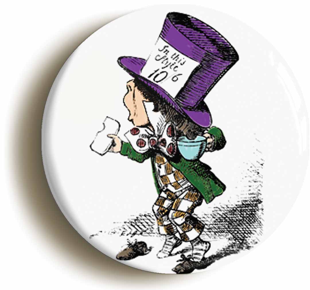 A picture of the front of the product, titled Mad Hatter Alice In Wonderland Button Pin Badge