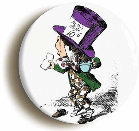 A picture of the front of the product, titled Mad Hatter Alice In Wonderland Button Pin Badge