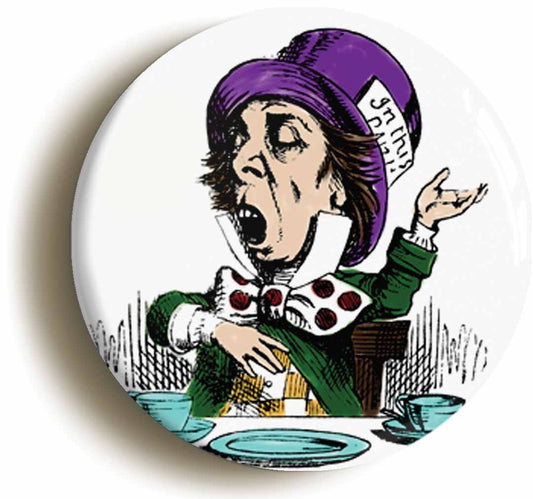 A picture of the front of the product, titled Mad Hatter Alice In Wonderland Circular 50mm Fridge Magnet