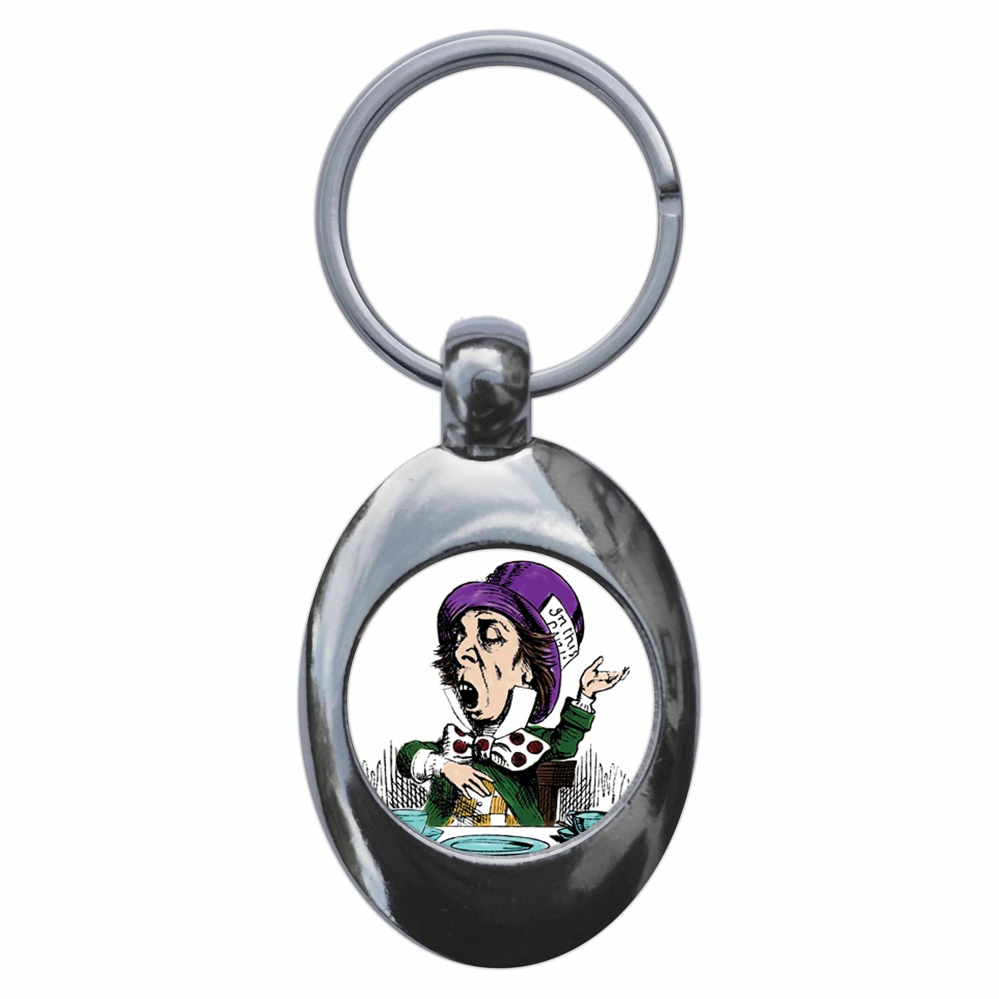 A picture of the front of the product, titled Mad Hatter Alice In Wonderland Metal Keyring With Trolley Coin