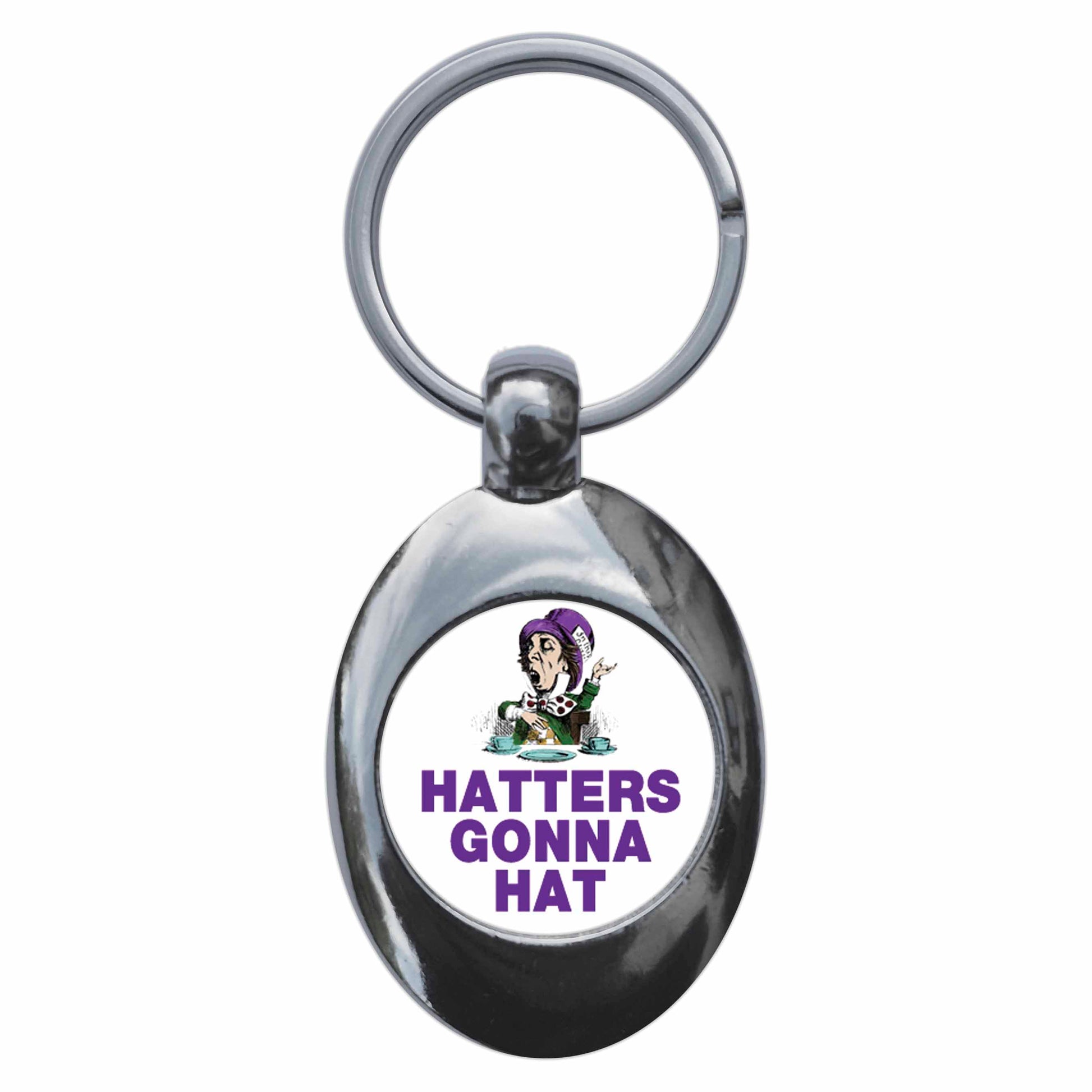 A picture of the front of the product, titled Hatters Gonna Hat Alice In Wonderland Metal Keyring With Trolley Coin