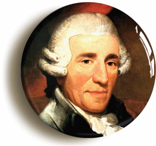 A picture of the front of the product, titled Joseph Haydn Classical Music Button Pin Badge