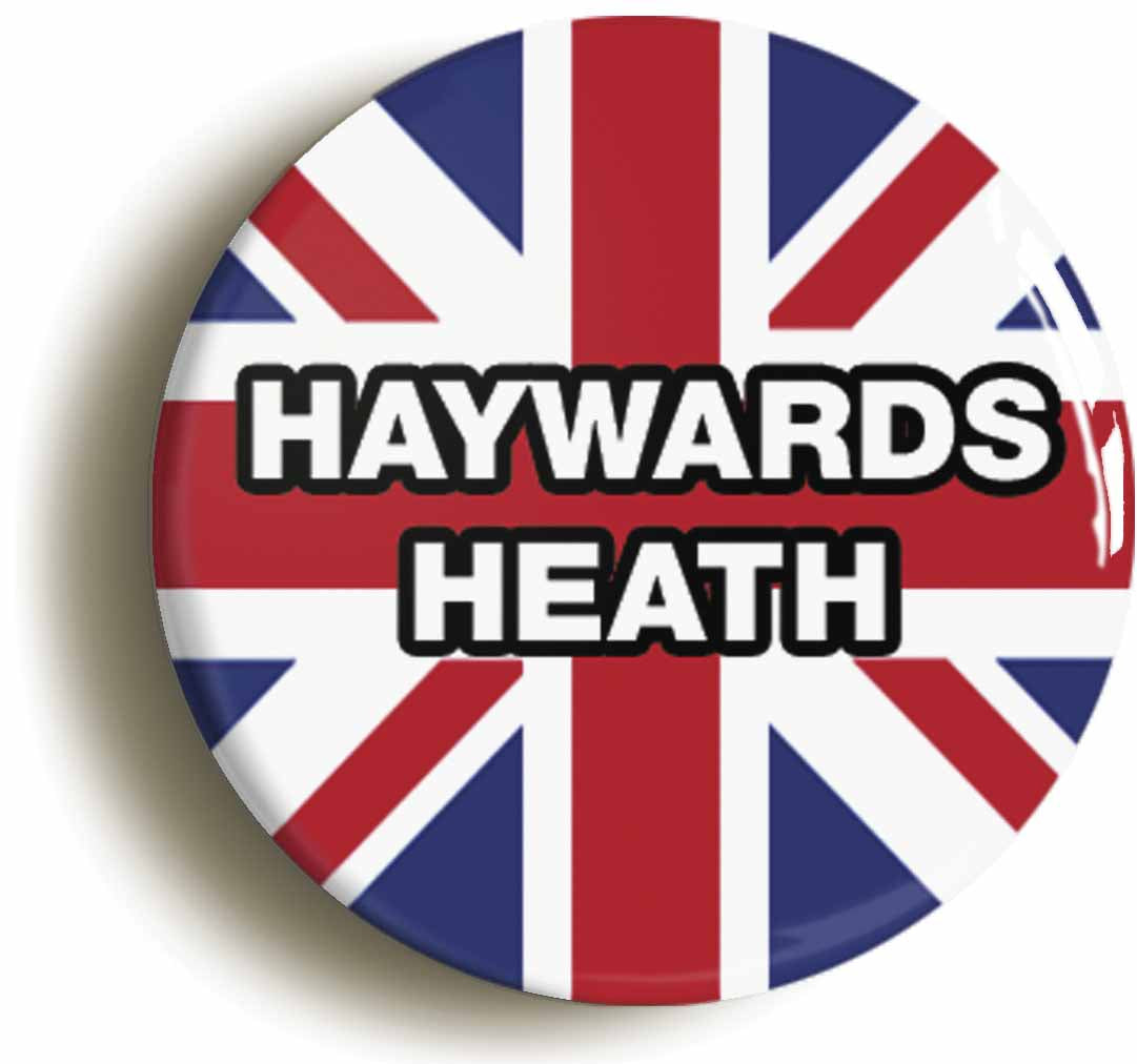 A picture of the front of the product, titled Haywards Heath Union Jack Button Pin Badge