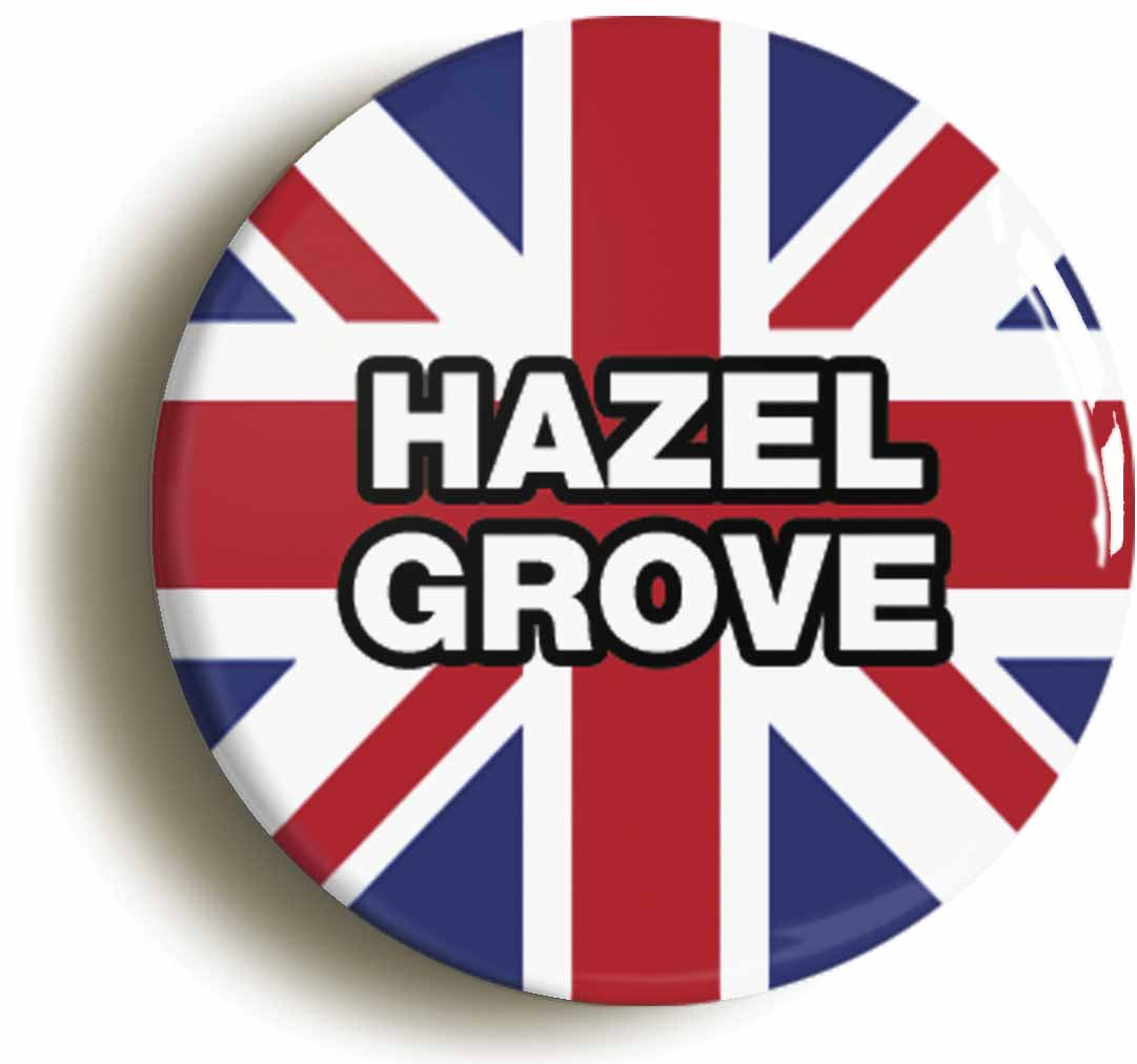 A picture of the front of the product, titled Hazel Grove Union Jack Button Pin Badge