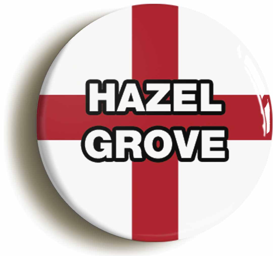 A picture of the front of the product, titled Hazel Grove England Flag Circular 50mm Fridge Magnet