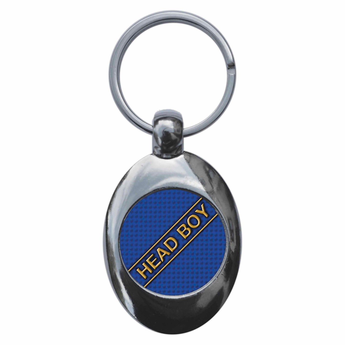 A picture of the front of the product, titled Head Boy School Disco Fancy Dress Metal Keyring With Trolley Coin