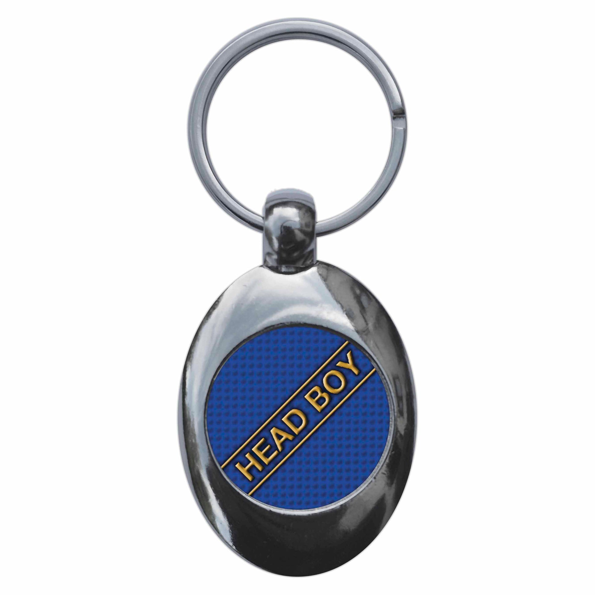 A picture of the front of the product, titled Head Boy School Disco Fancy Dress Metal Keyring With Trolley Coin