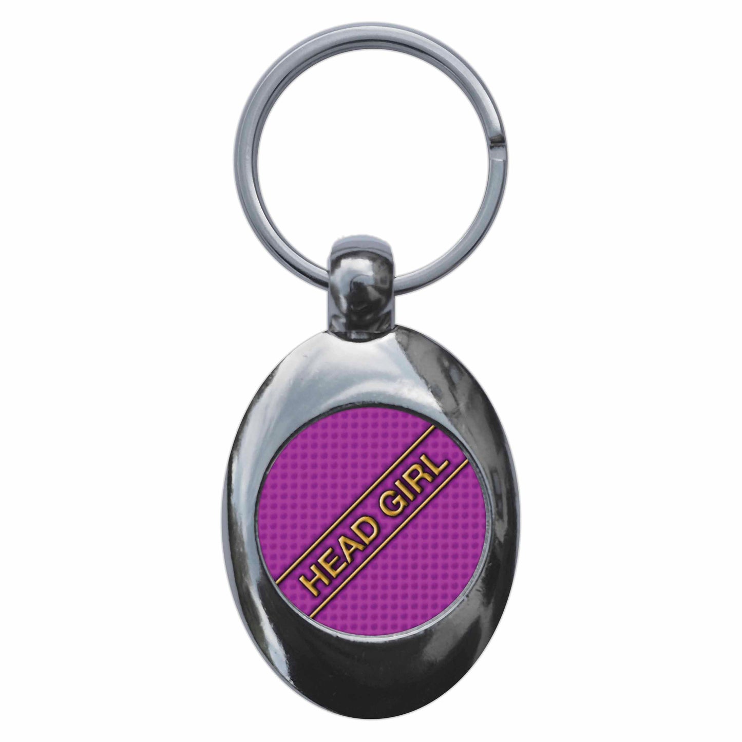 A picture of the front of the product, titled Head Girl School Disco Fancy Dress Metal Keyring With Trolley Coin