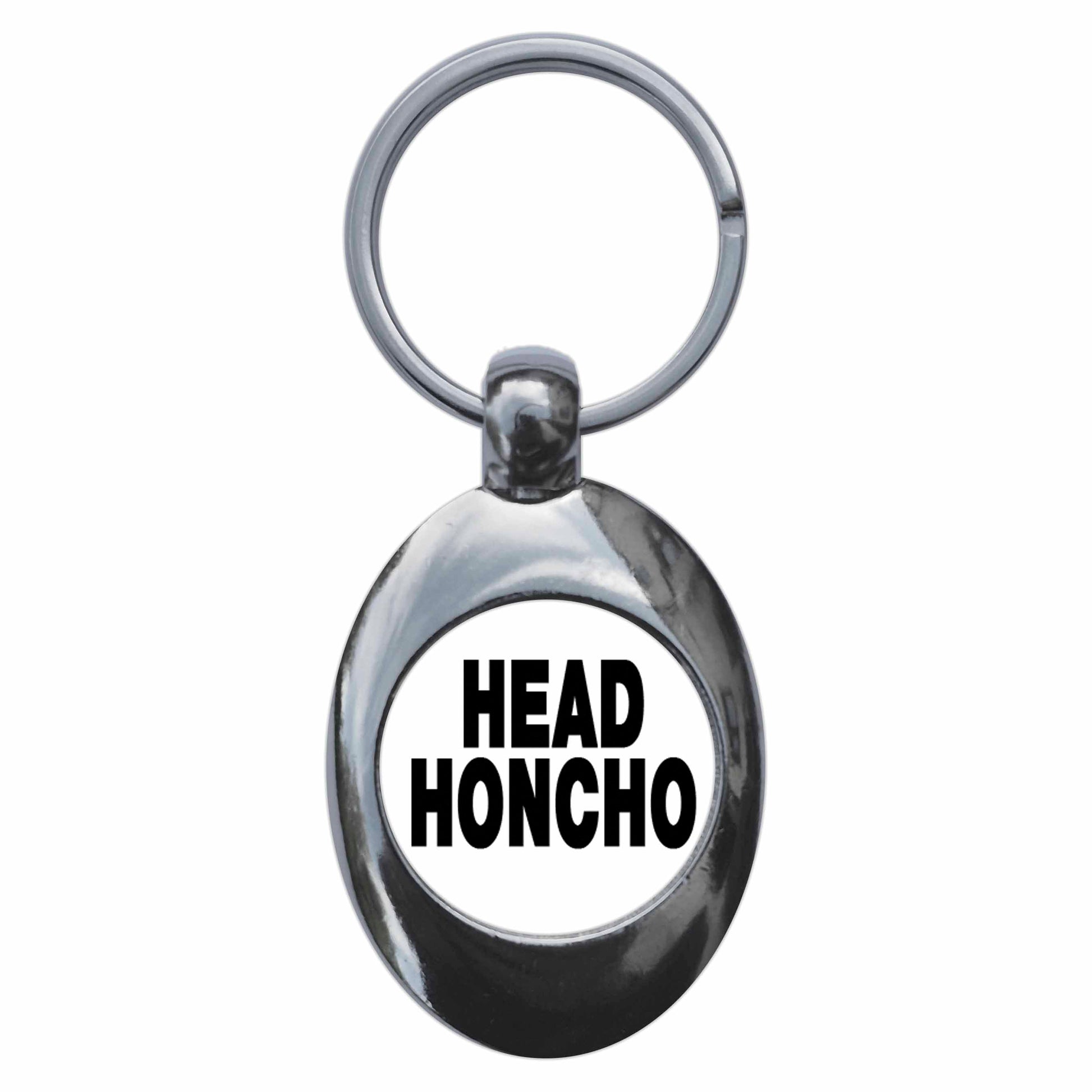 A picture of the front of the product, titled Head Honcho Metal Keyring With Trolley Coin