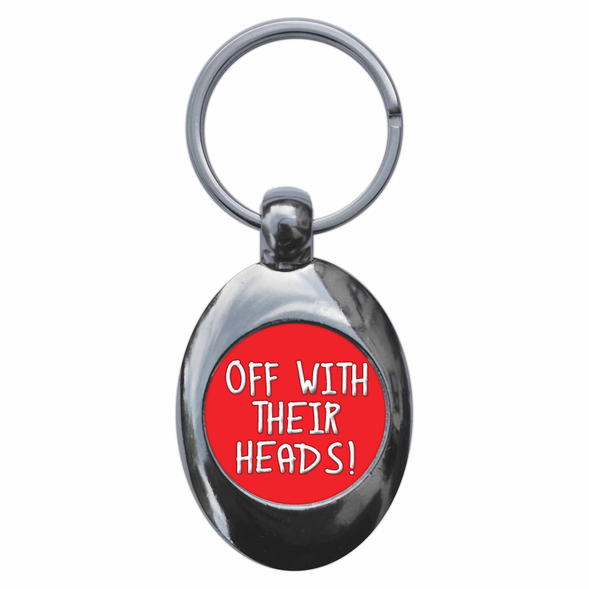 A picture of the front of the product, titled Off With Their Heads Alice In Wonderland Metal Keyring With Trolley Coin