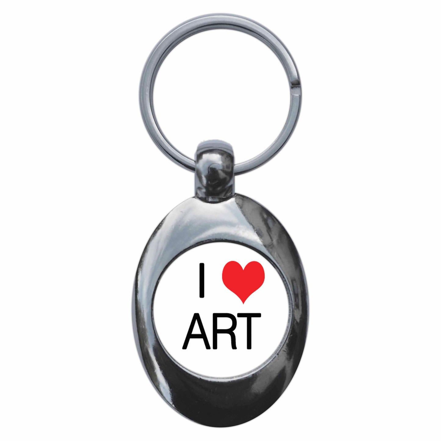A picture of the front of the product, titled I Heart Love Art Metal Keyring With Trolley Coin
