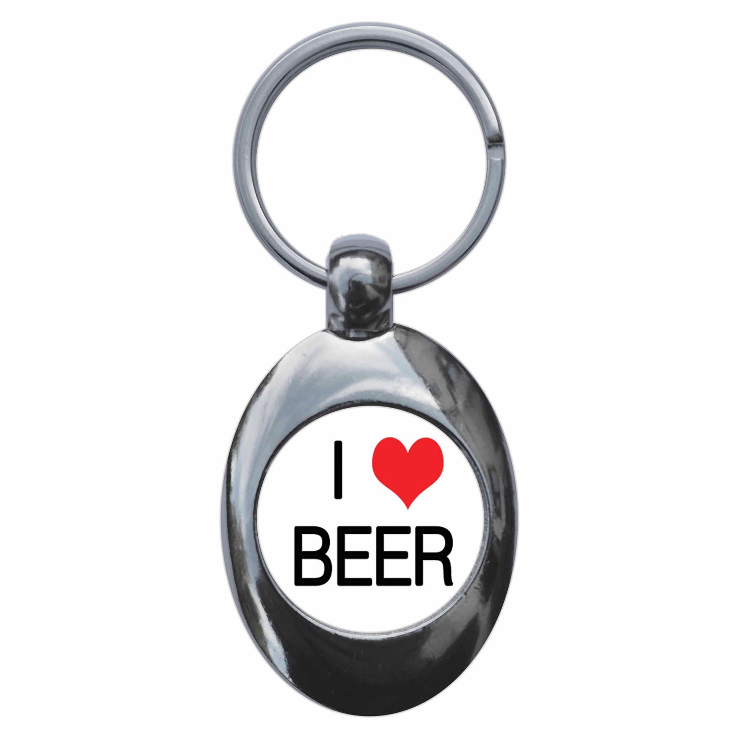 A picture of the front of the product, titled I Heart Love Beer Funny Metal Keyring With Trolley Coin
