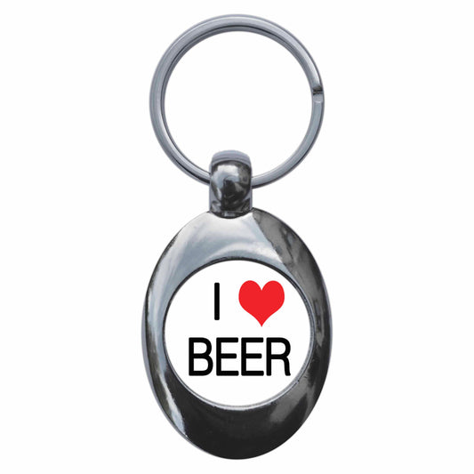 A picture of the front of the product, titled I Heart Love Beer Funny Metal Keyring With Trolley Coin