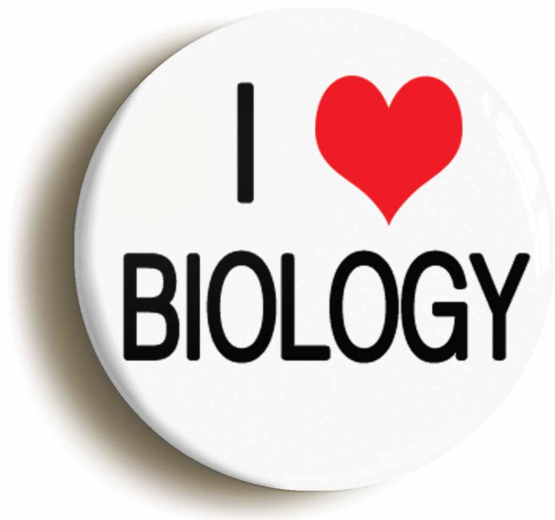A picture of the front of the product, titled I Heart Love Biology Button Pin Badge