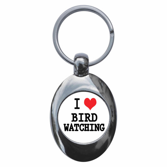 A picture of the front of the product, titled I Love Heart Bird Watching Metal Keyring With Trolley Coin