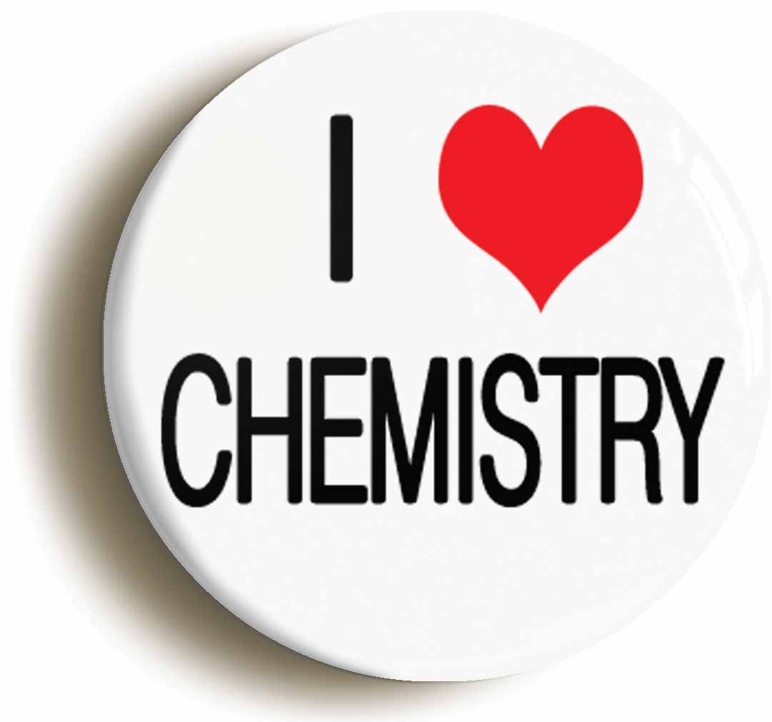 A picture of the front of the product, titled I Heart Love Chemistry Button Pin Badge