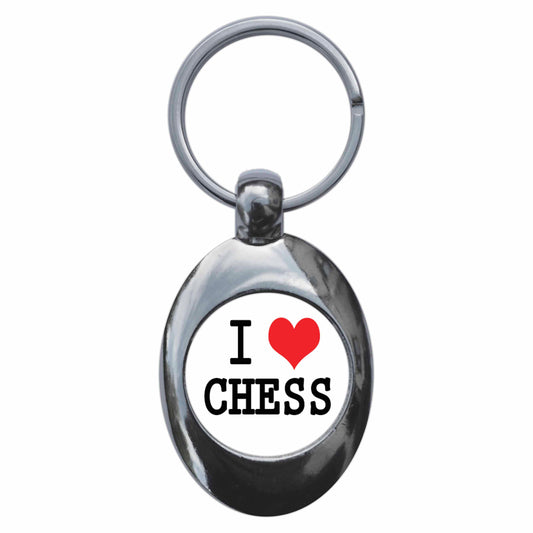 A picture of the front of the product, titled I Love Heart Chess Metal Keyring With Trolley Coin