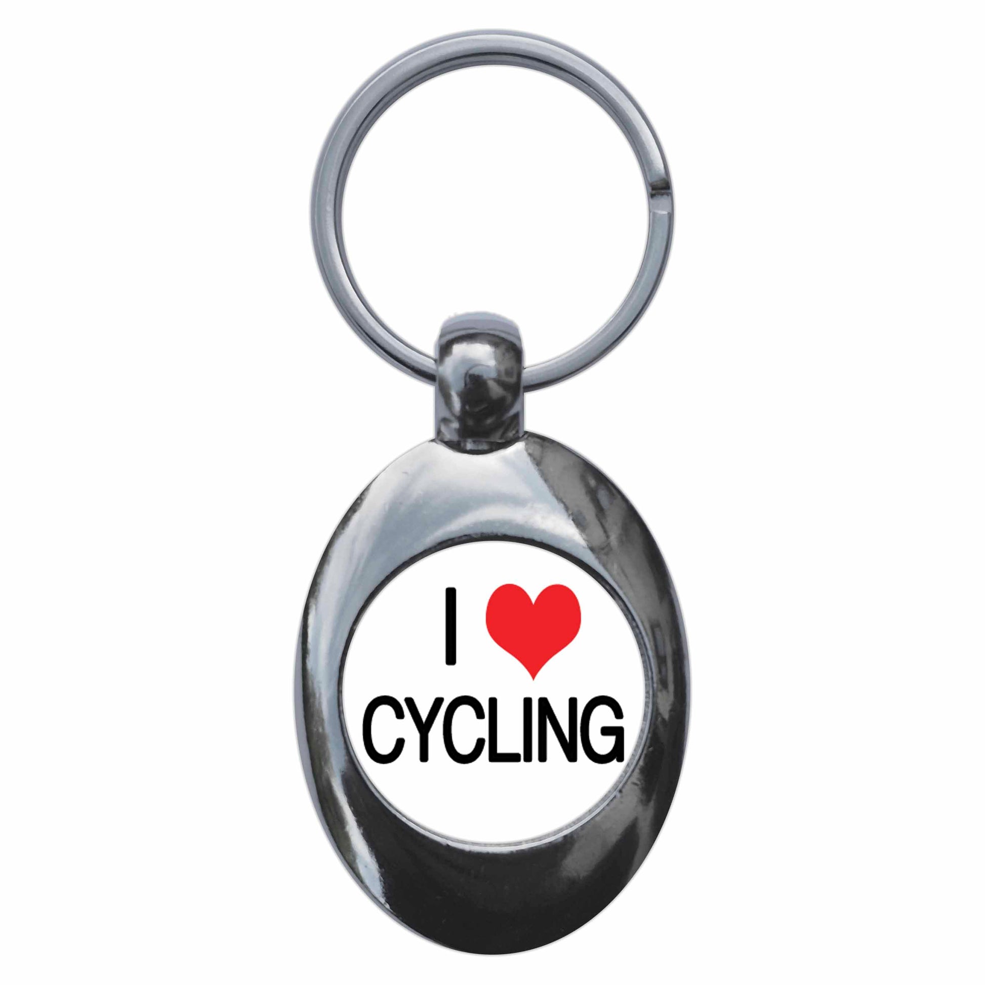 A picture of the front of the product, titled I Heart Love Cycling Metal Keyring With Trolley Coin