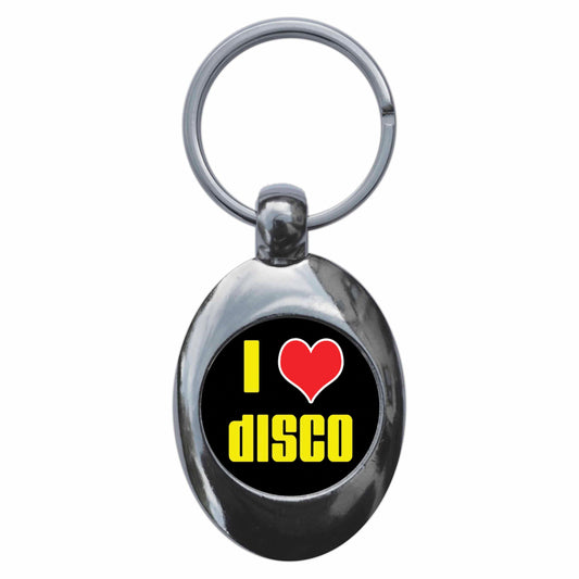 A picture of the front of the product, titled I Heart Love Disco Metal Keyring With Trolley Coin