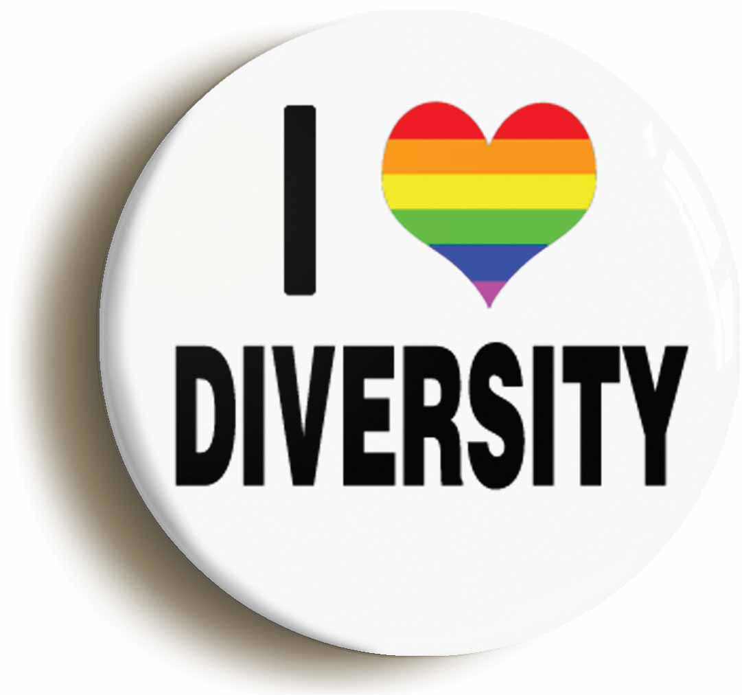 A picture of the front of the product, titled I Heart Love Diversity LGBT Gay Pride Button Pin Badge
