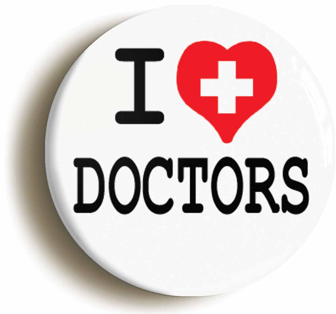 A picture of the front of the product, titled I Heart Love Doctors Button Pin Badge