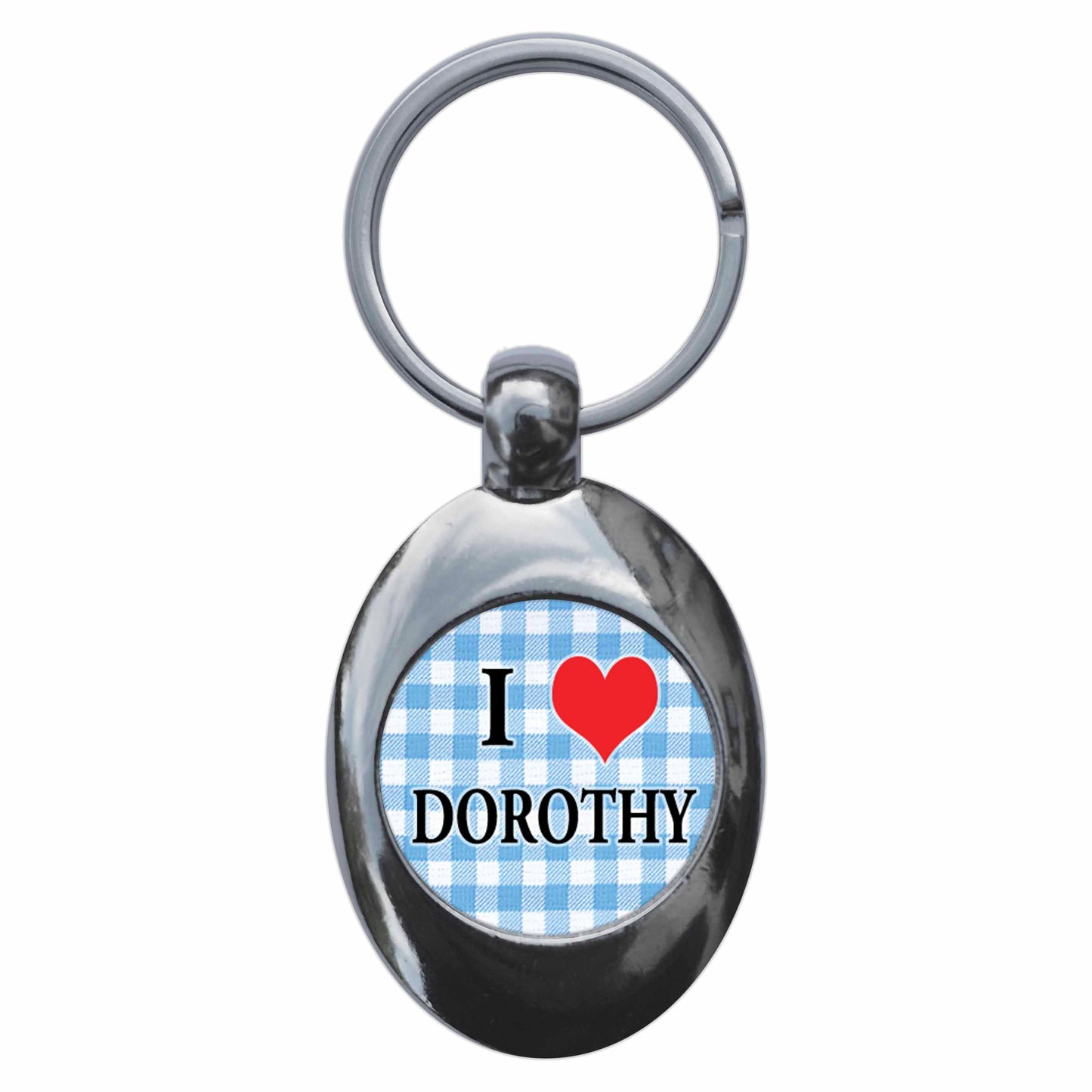 A picture of the front of the product, titled I Heart Love Dorothy The Wonderful Wizard Of Oz Metal Keyring With Trolley Coin