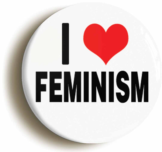 A picture of the front of the product, titled I Heart Love Feminism Feminist Button Pin Badge