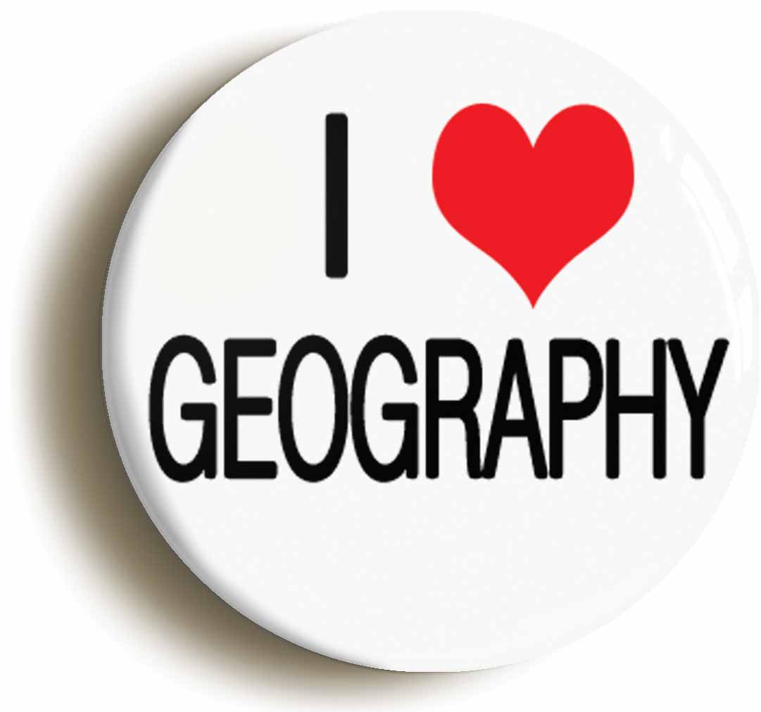 A picture of the front of the product, titled I Heart Love Geography Button Pin Badge