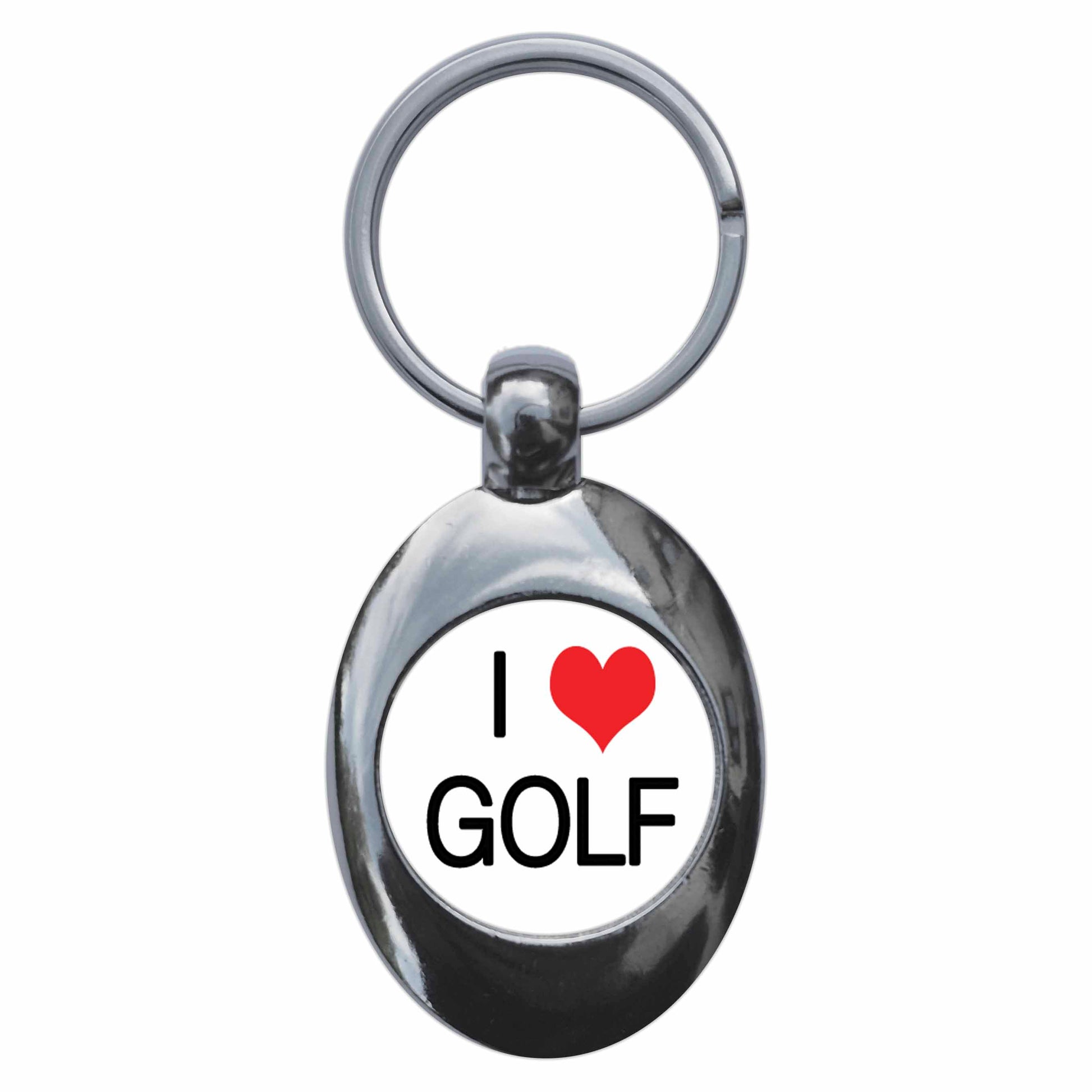 A picture of the front of the product, titled I Heart Love Golf Metal Keyring With Trolley Coin