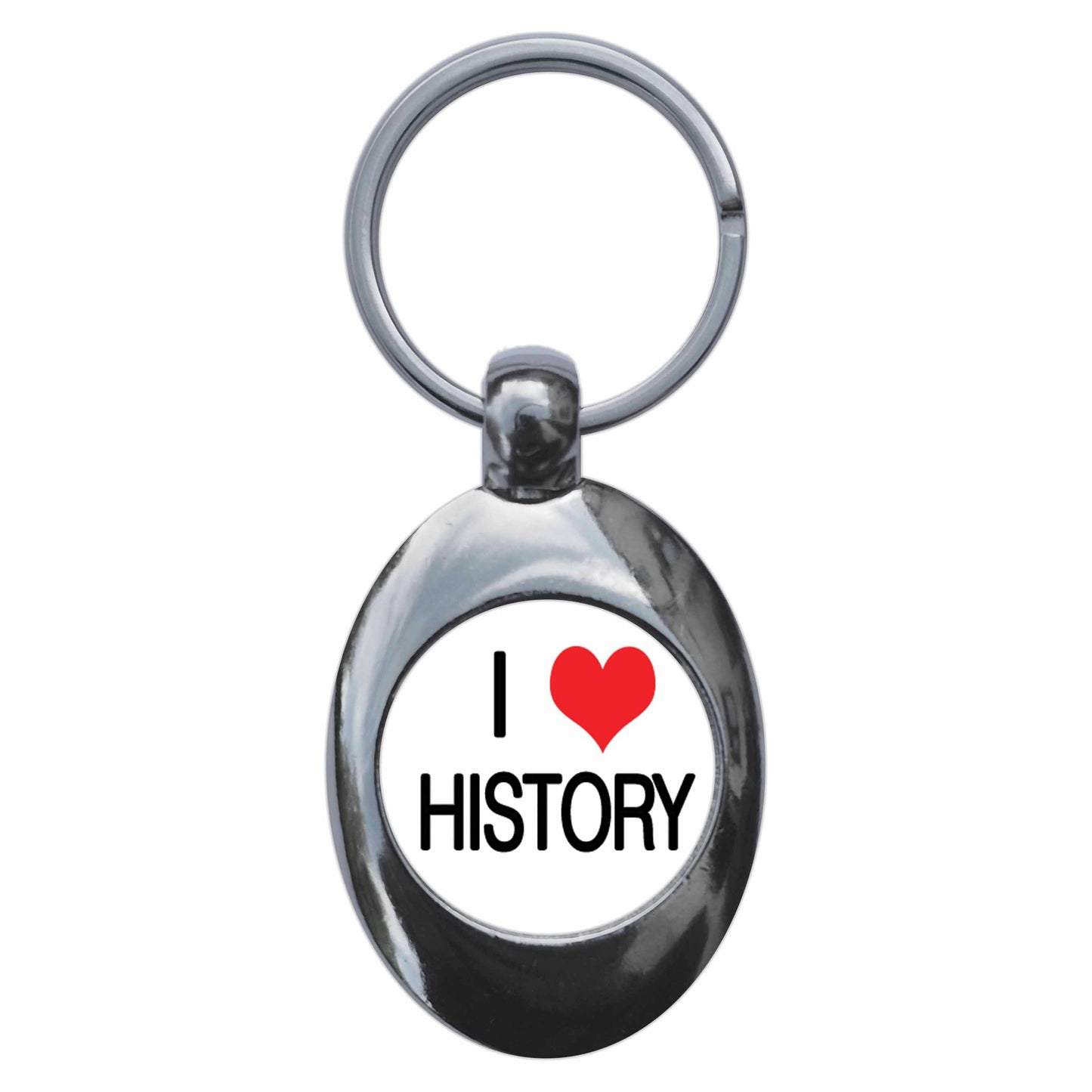 A picture of the front of the product, titled I Heart Love History Metal Keyring With Trolley Coin