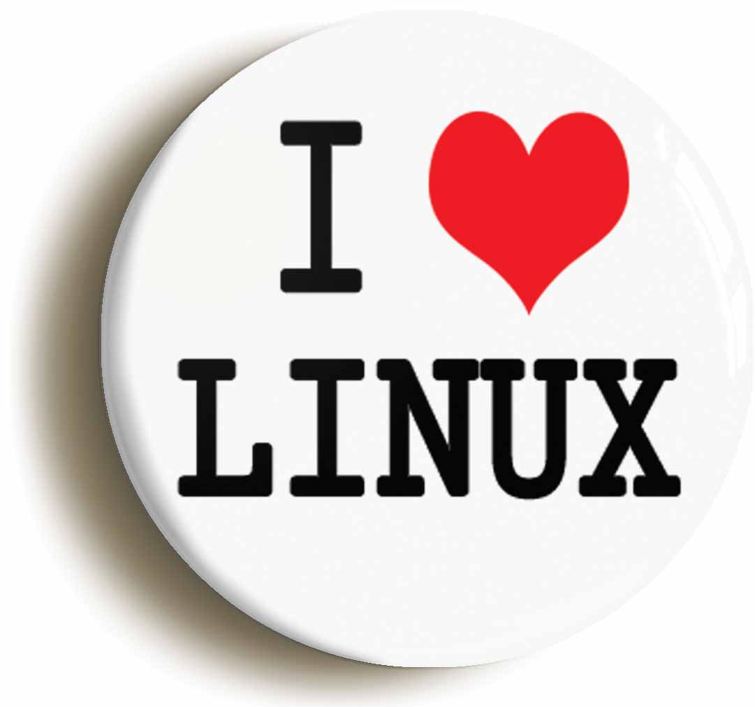 A picture of the front of the product, titled I Heart Love Linux Button Pin Badge