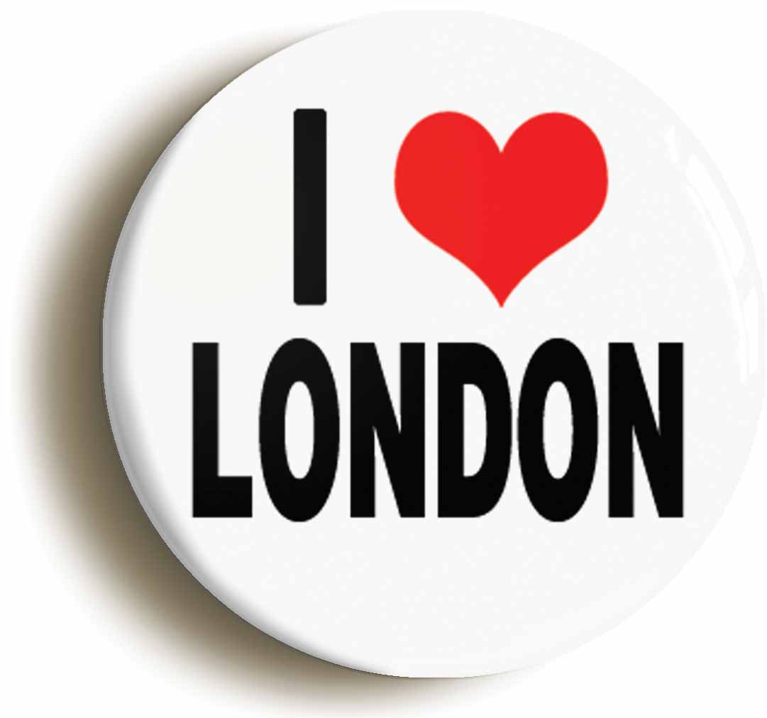 A picture of the front of the product, titled I Heart Love London Tourist Souvenir Button Pin Badge