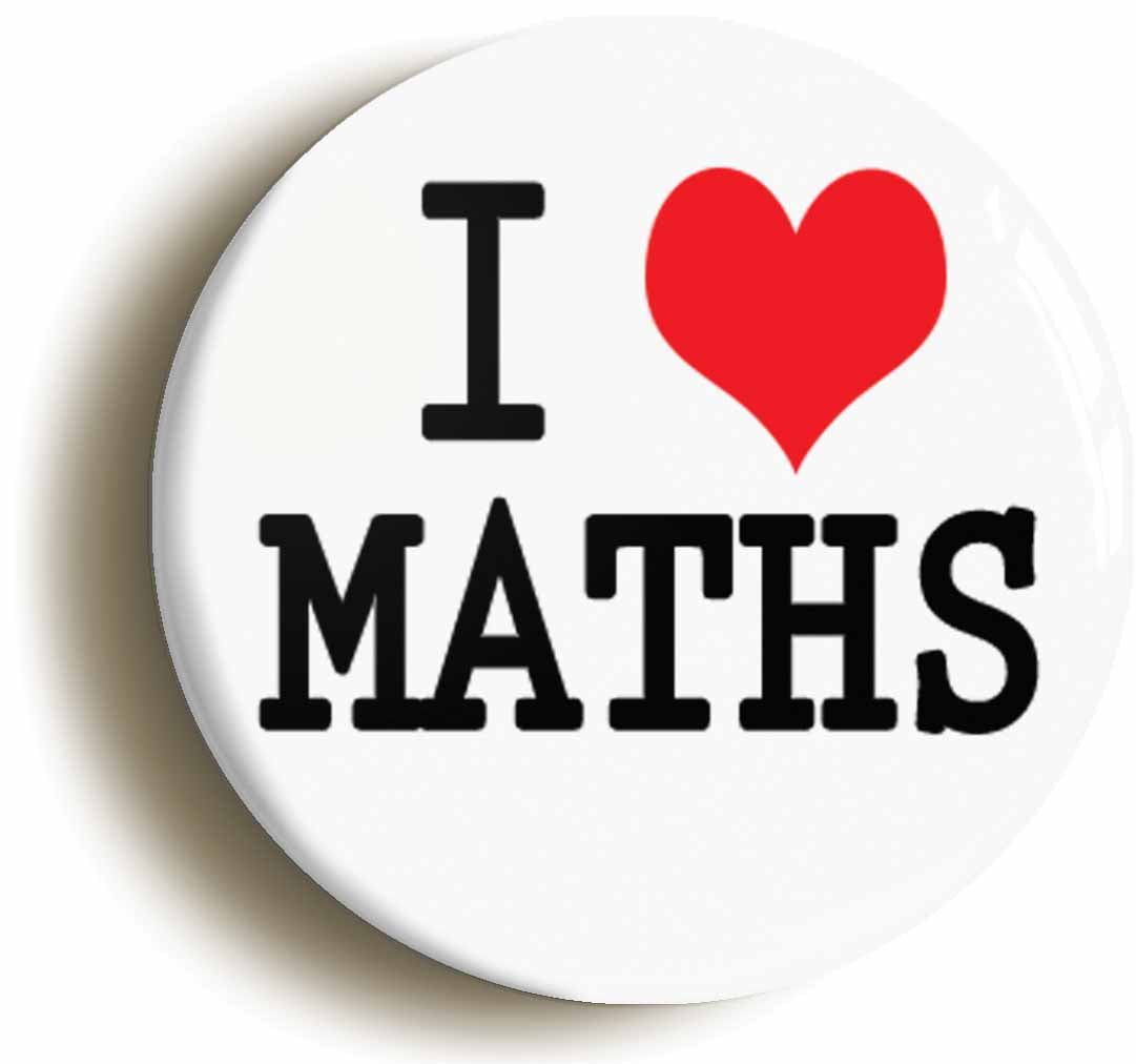 A picture of the front of the product, titled I Heart Love Maths Button Pin Badge