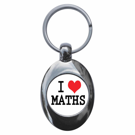 A picture of the front of the product, titled I Heart Love Maths Metal Keyring With Trolley Coin