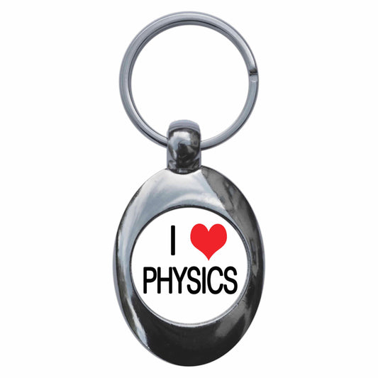 A picture of the front of the product, titled I Heart Love Physics Metal Keyring With Trolley Coin
