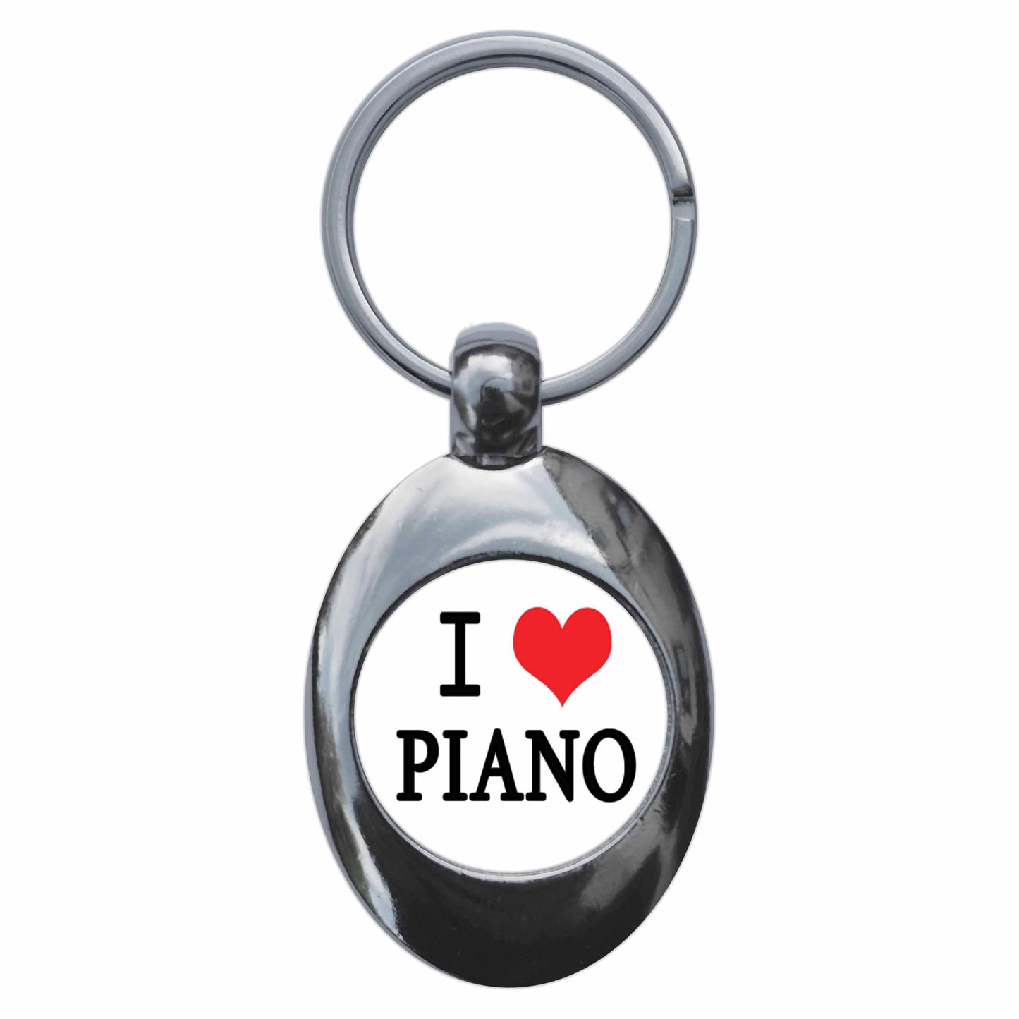 A picture of the front of the product, titled I Heart Love Piano Metal Keyring With Trolley Coin