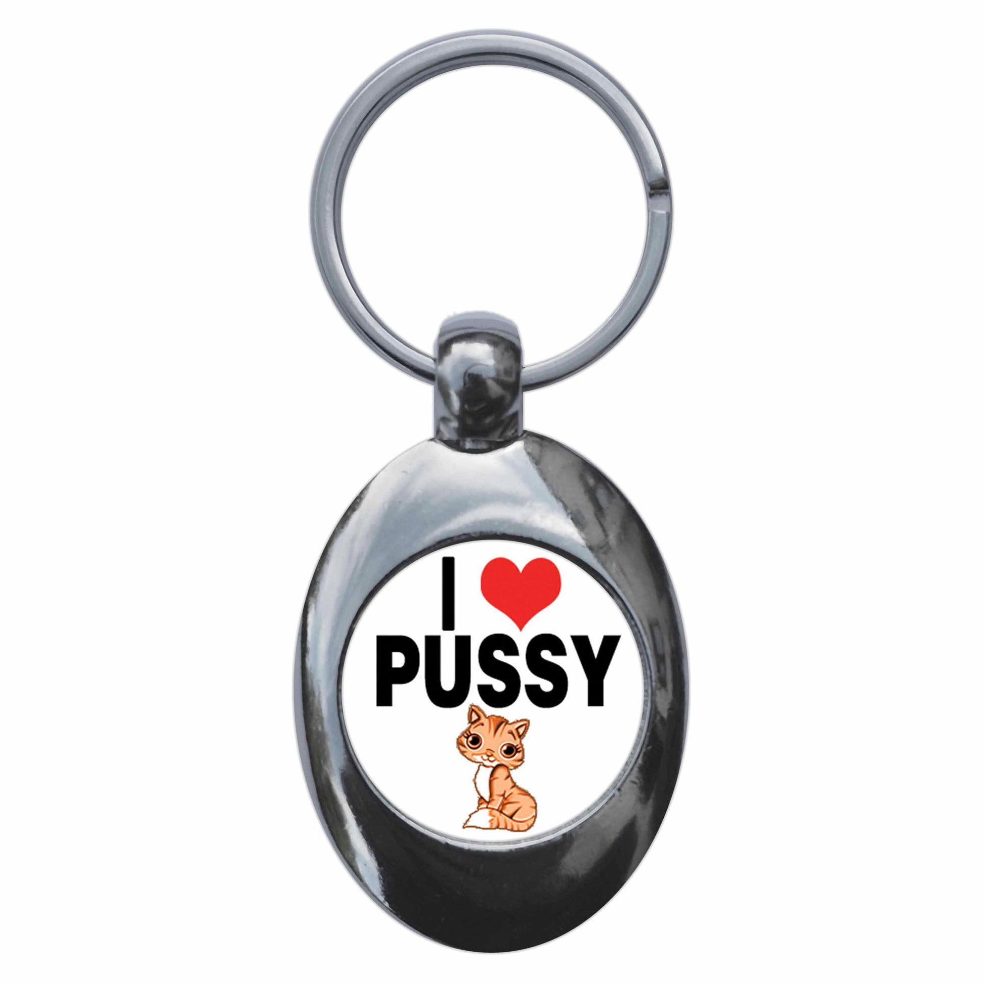 A picture of the front of the product, titled I Heart Love Pussy Metal Keyring With Trolley Coin