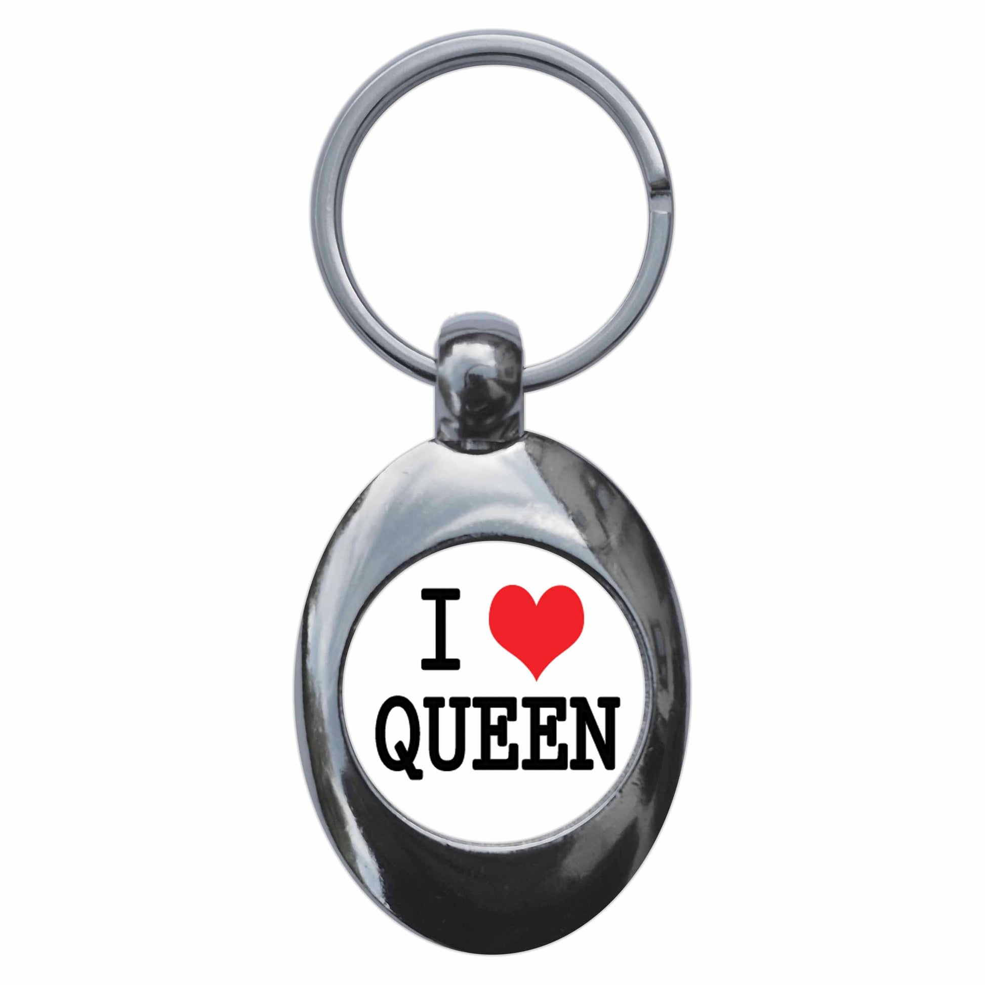 A picture of the front of the product, titled I Heart Love Queen Metal Keyring With Trolley Coin