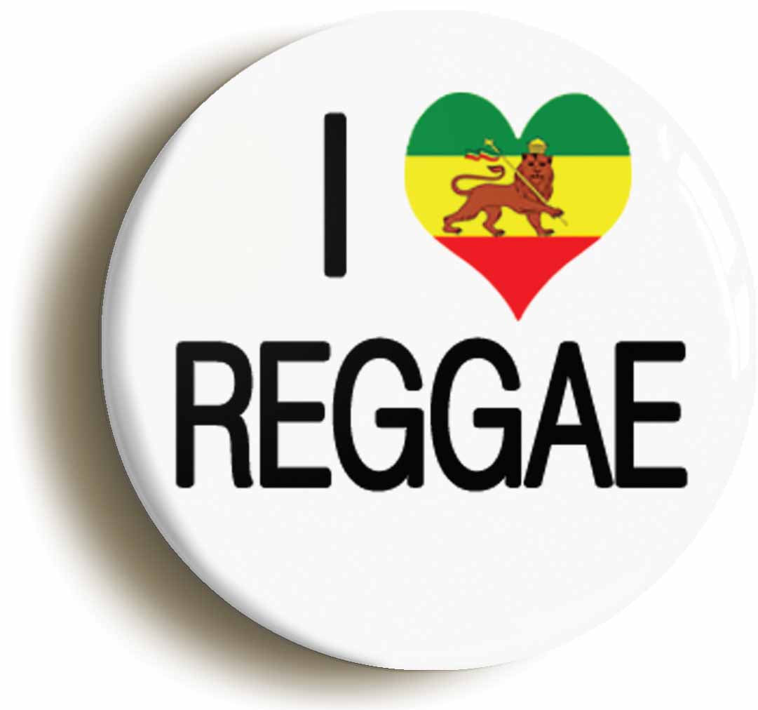 A picture of the front of the product, titled I Heart Love Reggae Jamaica Rastafarian Button Pin Badge