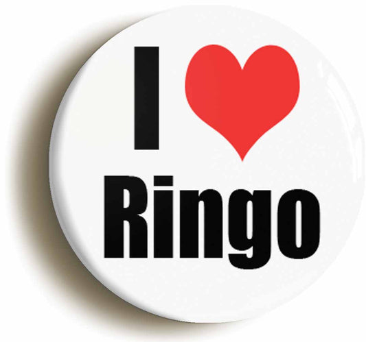 A picture of the front of the product, titled I Heart Love Ringo Sixties Button Pin Badge