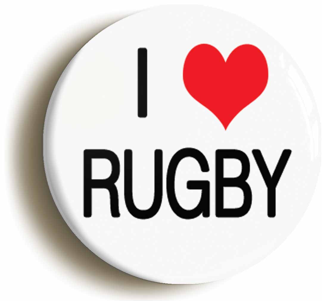A picture of the front of the product, titled I Heart Love Rugby Button Pin Badge