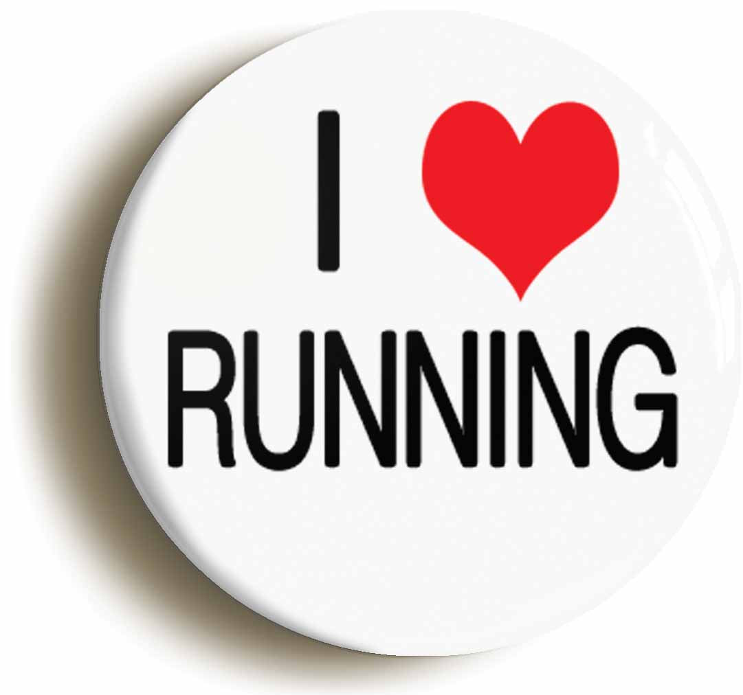 A picture of the front of the product, titled I Heart Love Running Jogging Button Pin Badge