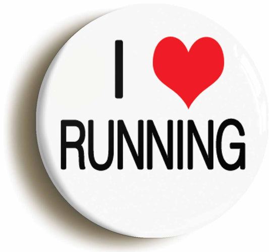 A picture of the front of the product, titled I Heart Love Running Jogging Button Pin Badge