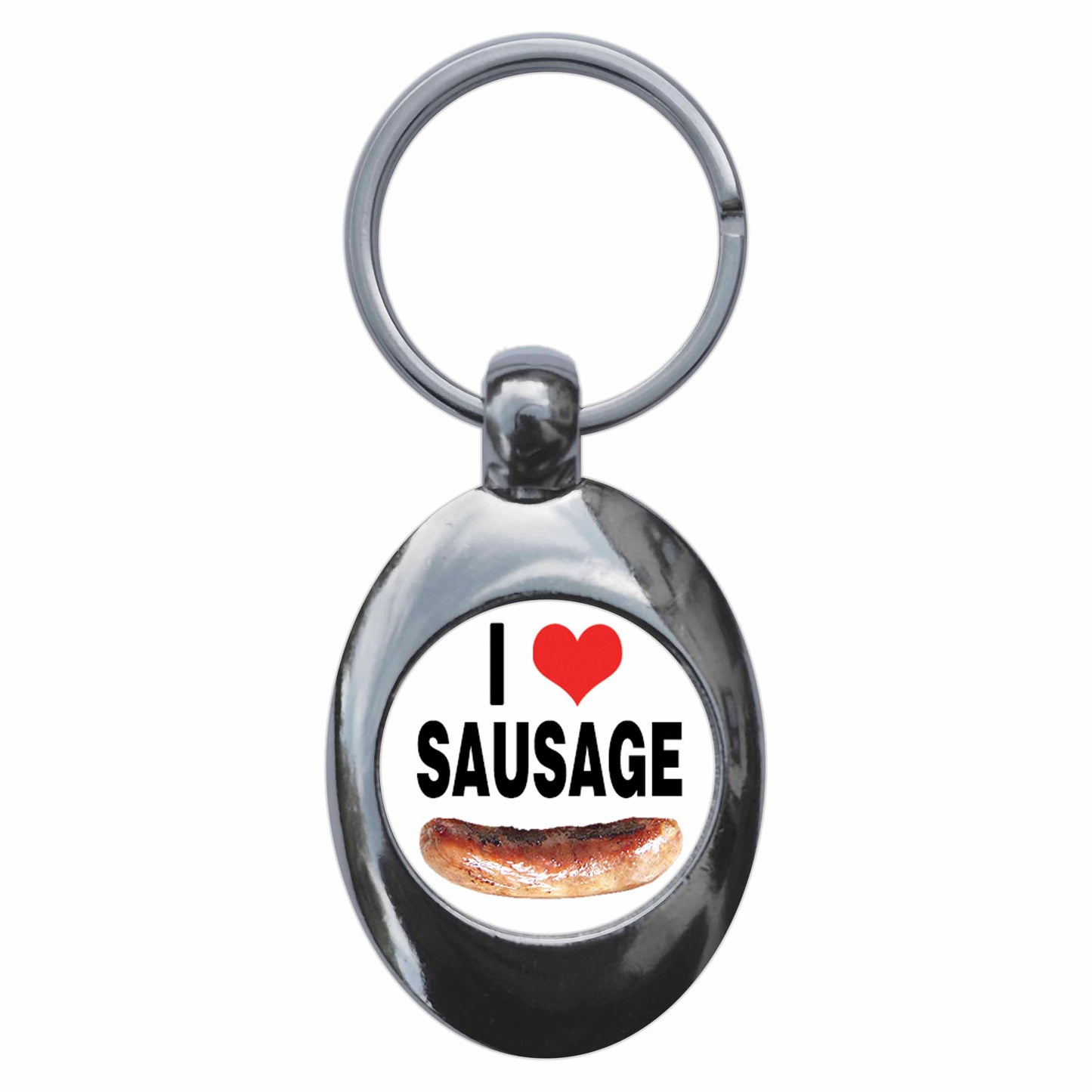 A picture of the front of the product, titled I Heart Love Sausage Metal Keyring With Trolley Coin
