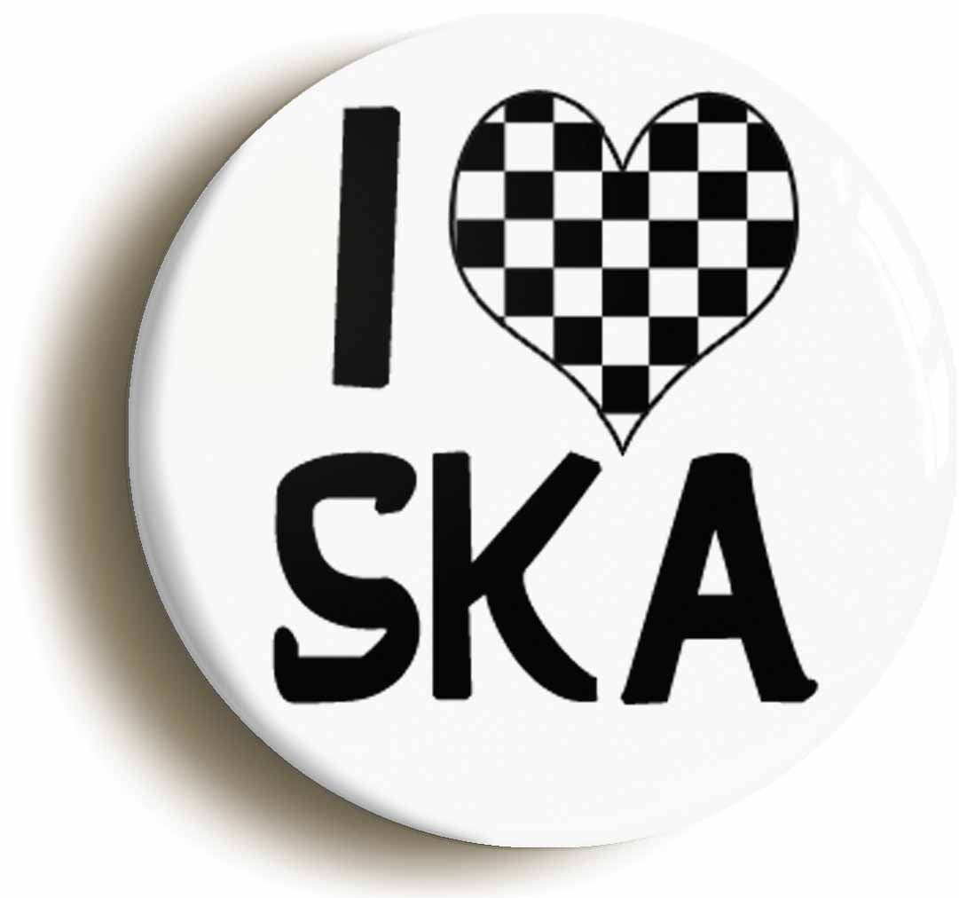 A picture of the front of the product, titled I Heart Love Ska Circular 50mm Fridge Magnet