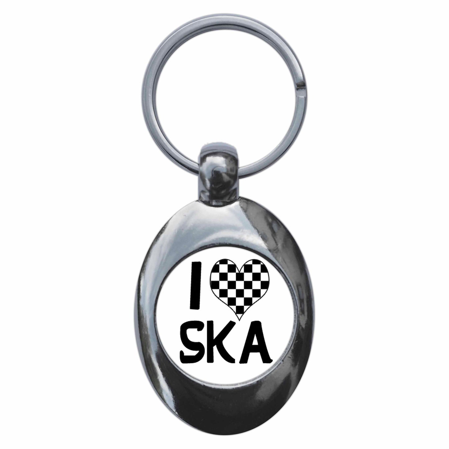 A picture of the front of the product, titled I Heart Love Ska Metal Keyring With Trolley Coin