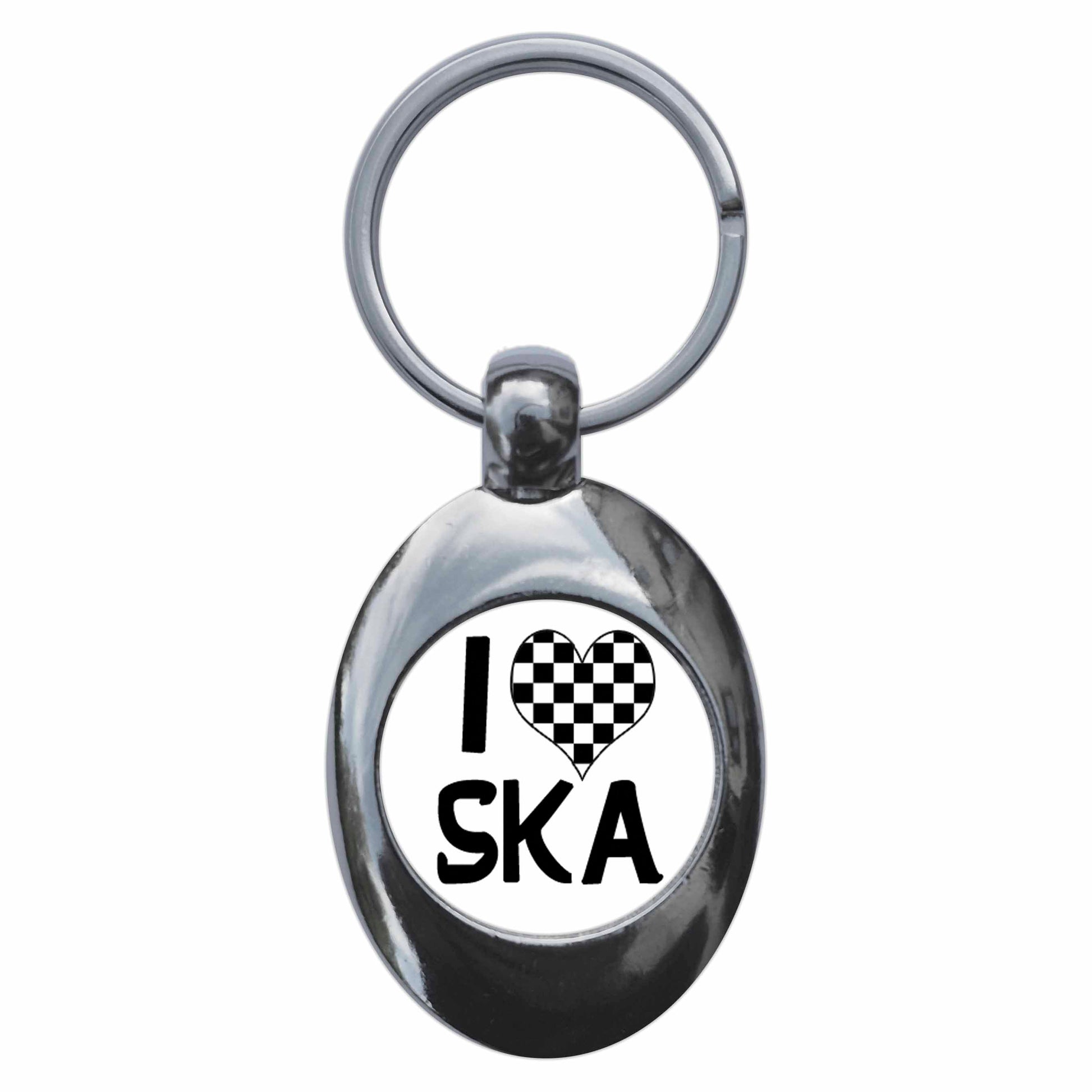 A picture of the front of the product, titled I Heart Love Ska Metal Keyring With Trolley Coin